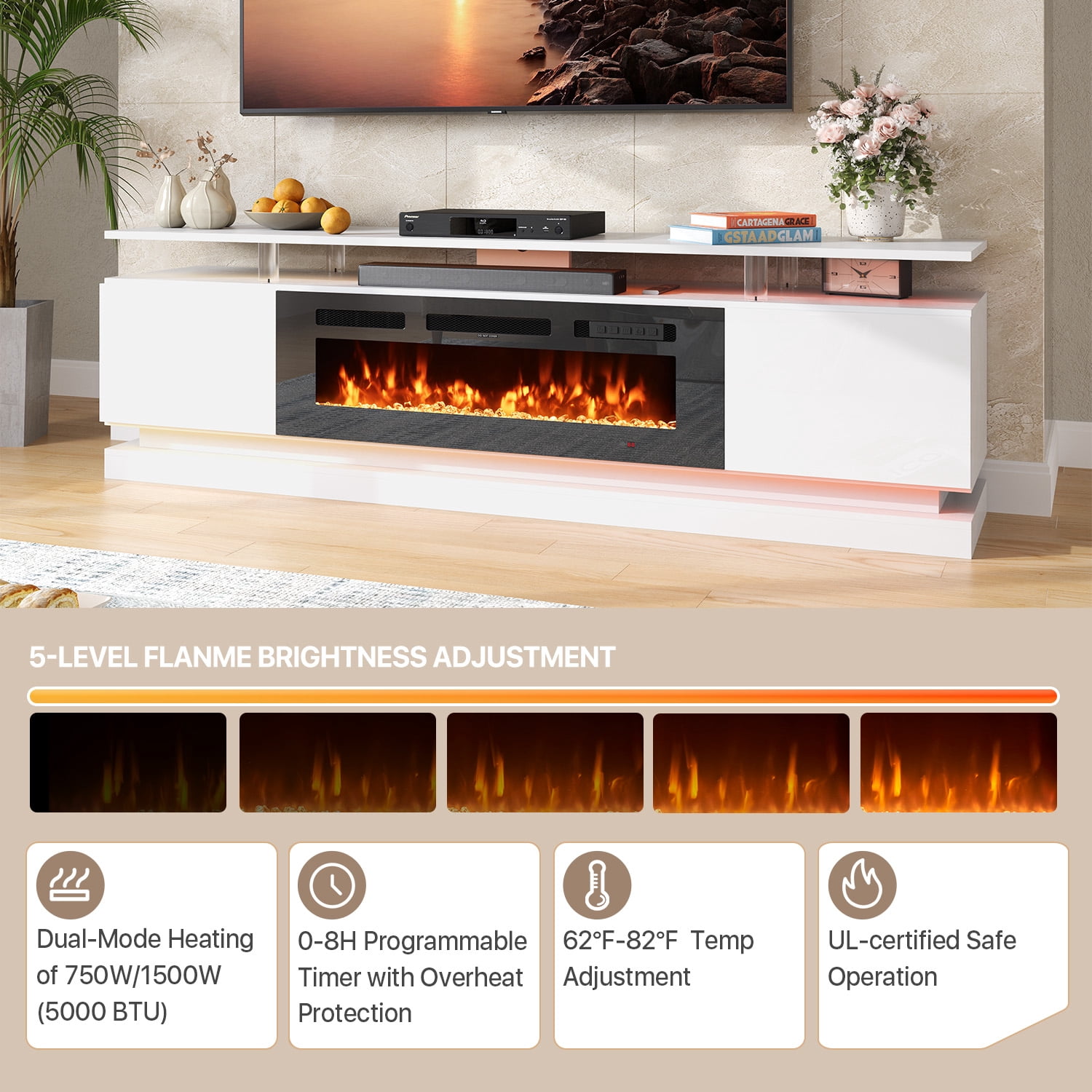 BaPiPro 70" Fireplace TV Stand for TVs up to 80", Modern Entertainment Center TV Console with Storage for Living Room, White TV Stand and Black Fireplace