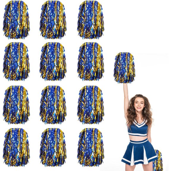 12 PCS Cheerleader Pom Poms,with Baton Handle for Rooters Cheering Squad Team Spirit Sports (Blue Gold)