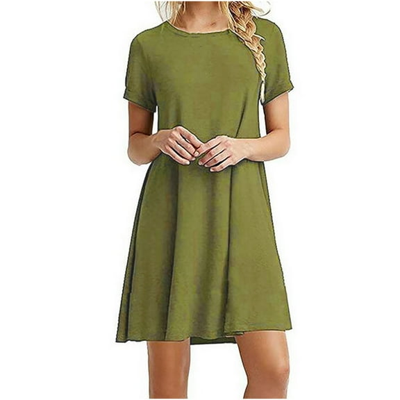 UTTOASFAY Fashion Women Casual Short Sleeve Dress O-Neck Solid Ladies Loose Mini Dress Green 10(XL)