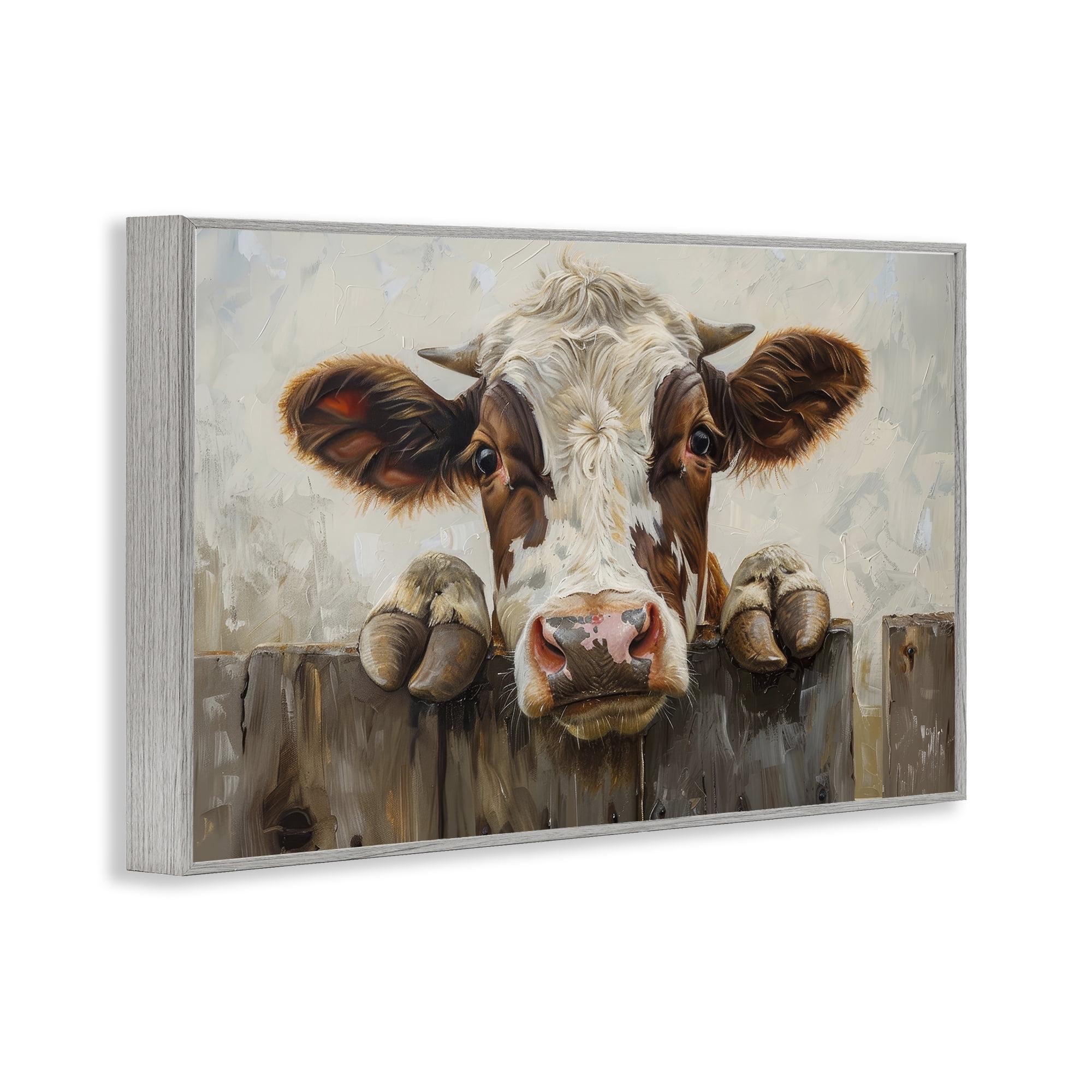 Stupell Industries Cow On Fence Animals & Insects Painting Gray Framed Art Print Wall Art, 30 x 20