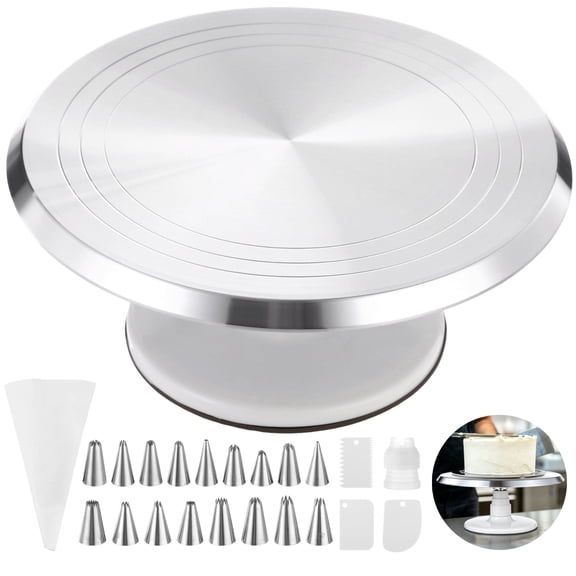 Aluminium Alloy Revolving Cake Stand Set, 12 in Cake Decorating Turntable with Piping Bag, 17 Piping Tips, 3 Plastic Scrapers, Coupler, Non Slip Rotating Platform for Baking and Decorating