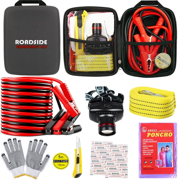 YILAIRIOU Car Roadside Emergency Kit, with Jumper Cables Automotive Kit,Car Safety Roadside Assistance Kit Headlamp,Tow Straps,Art Knife, Rainwear, Gloves.Grey