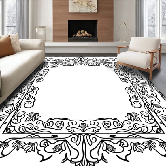 ODIKA 4'x6' Machine Washable Non-Slip Area Rug, Elegant Black Floral Scrollwork with Delicate Leaf Motifs High Traffic Rug, Black, 303509