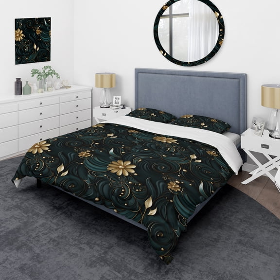 Designart "Radiant Elegance In Deep Emerald" Gold Damask Bedding Covert Set - Bohemian & Eclectic Bed Set With 1 Sham
