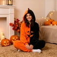 thumbnail image 4 of Halloween Colorblock Pumpkin Onesie, Zip-Up Hooded Flannel Jumpsuit with Jack-O-Lantern Face (1 PC) Black L, 4 of 5