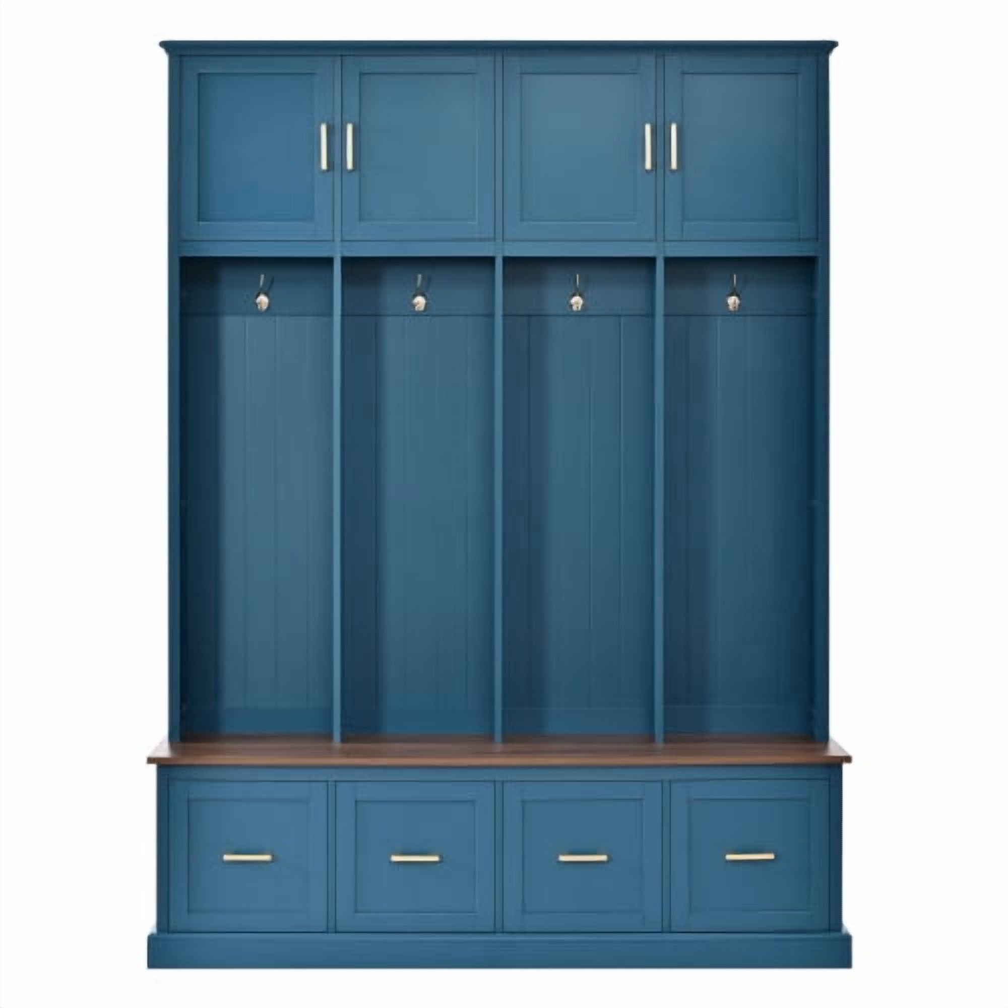 U-Can Farmhouse Entryway Hall Tree with Coat Hooks, Cabinets and Drawers, with Wood Accents and Gold Hardware, Navy Blue
