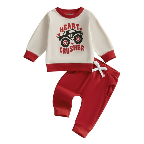 Toddler Baby Boys Valentine's Day Outfits 3 6 12 18 24 Months 2T 3T Heart Truck Print Crew Neck Long Sleeve Sweatshirts Long Pants 2Pcs Clothes Set