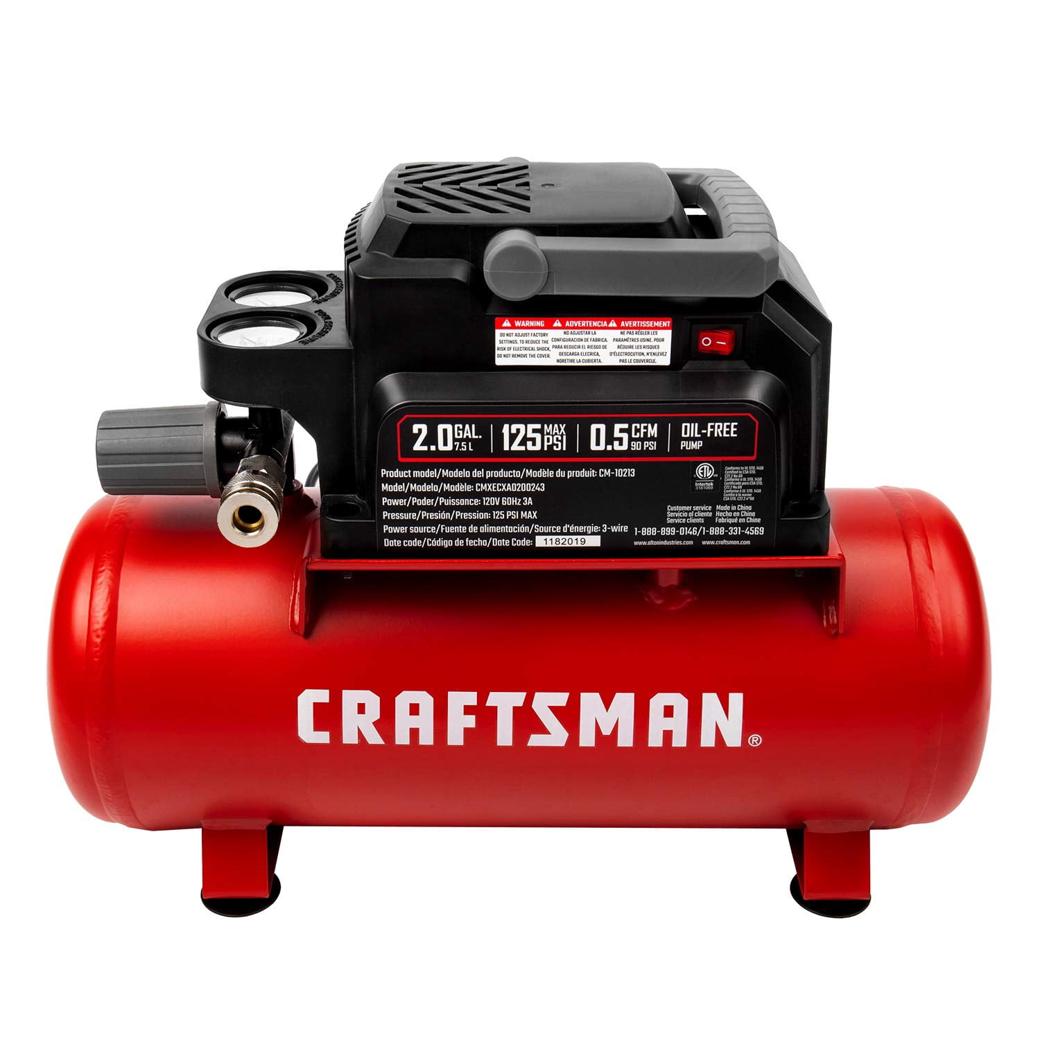 Craftsman 2 gal Horizontal Portable Air Compressor Tank 125 psi 0.3 HP