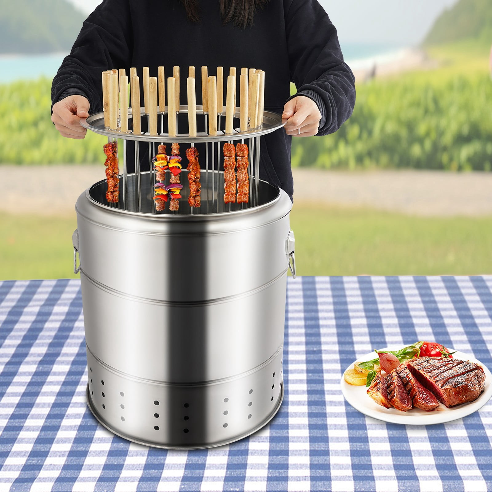 Portable Barbecue Charcoal Barrel Grill  with Grilling Accessories Set