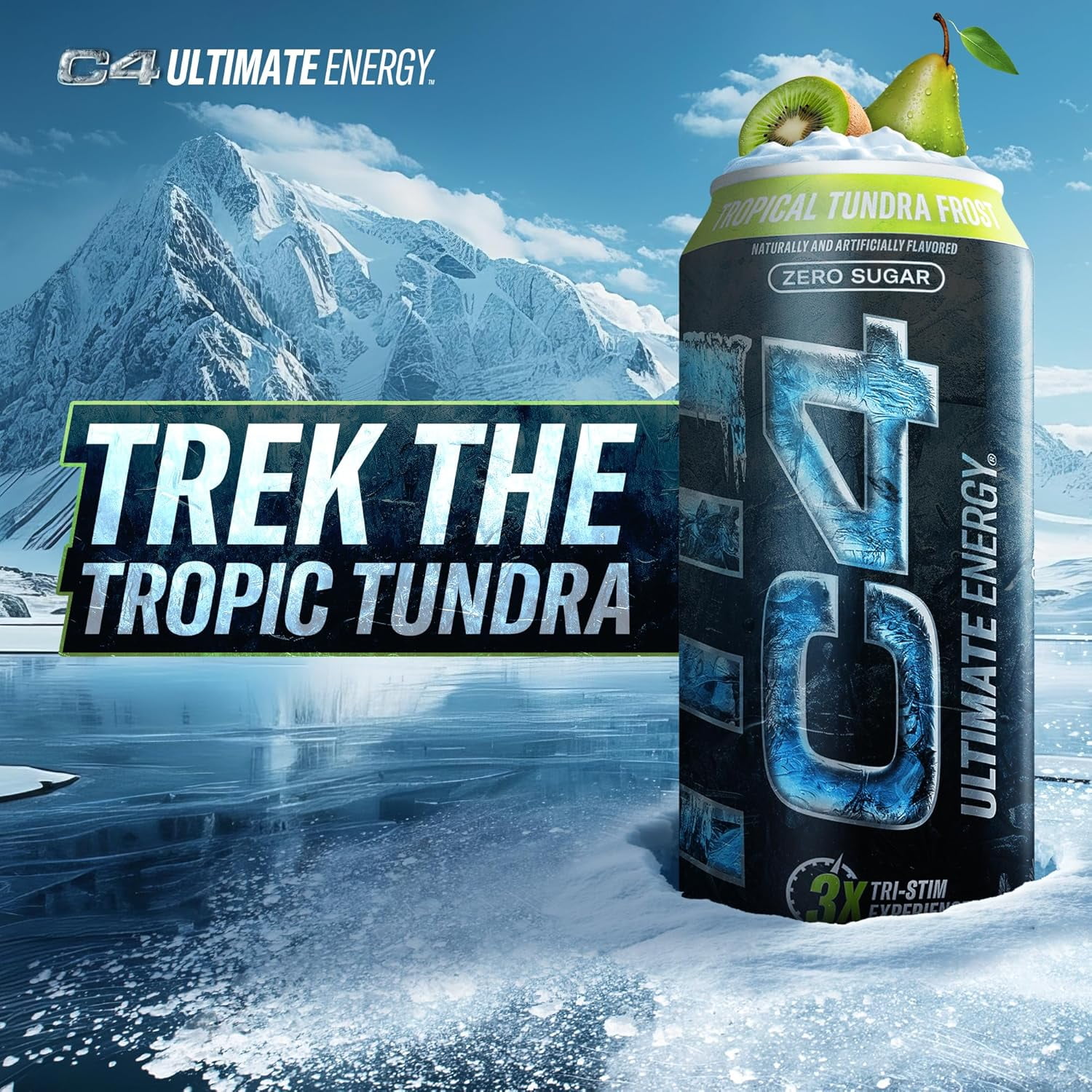 C4 Ultimate Energy Drink, Tropical Tundra Frost Flavor, Zero Sugar, Carbonated, 16 fl oz Can, 12 Pack