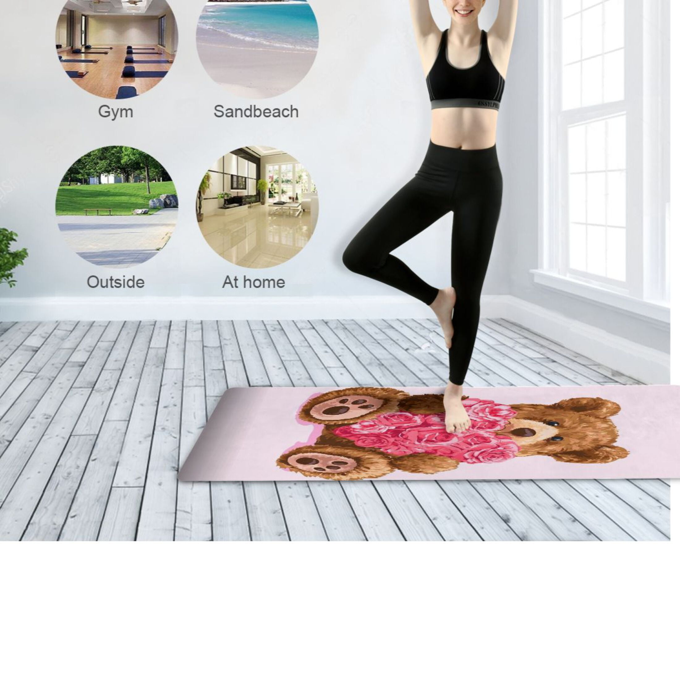 BZSMCE Yoga Mat Women Fitness Mat Cuddly Bear Rose Pattern