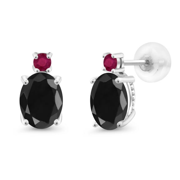 Gem Stone King 14K White Gold Black Sapphire and Red Ruby Earrings for Women | 3.56 Cttw | Gemstone September Birthstone | Oval 8X6MM | Round 2.5MM | Fine Jewelry Gifts for Women Mom Wife Her