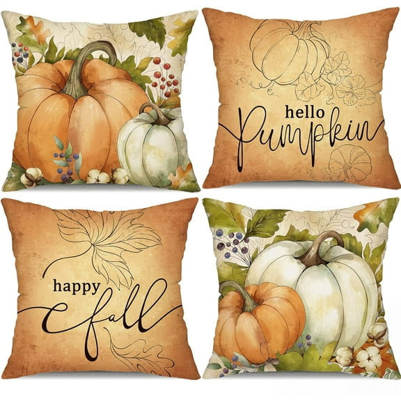 Fall Pillow Covers 20x20 inch Set of 4 Watercolor Pumpkin Maple Leaves Happy Fall Pumpkin Outdoor Throw Pillow Case Autumn Thanksgiving Farmhouse Decoration for Home Couch