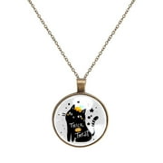 OWNTA Black Cat with Halloween Style Pattern Gorgeous Glass Circular Pendant Necklace for Women - Stunning Addition to Your Collection!