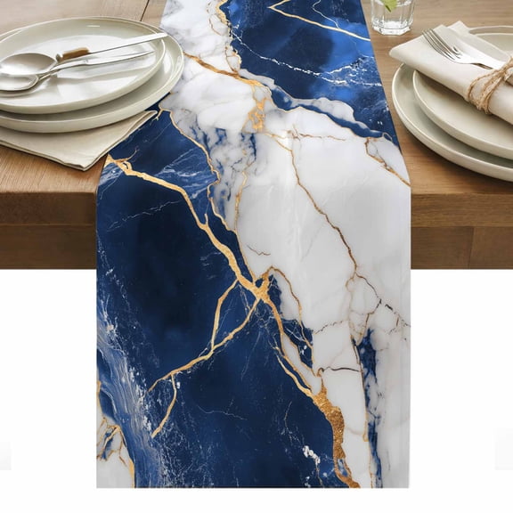 Marble Navy Blue Table Runner - 120 Inch Long, Kitchen Dining Table Runner Dresser Scarves, Abstract Gold White Brick Stone Motif Farmhouse Decor for Coffee Tables Wedding Party Banquet