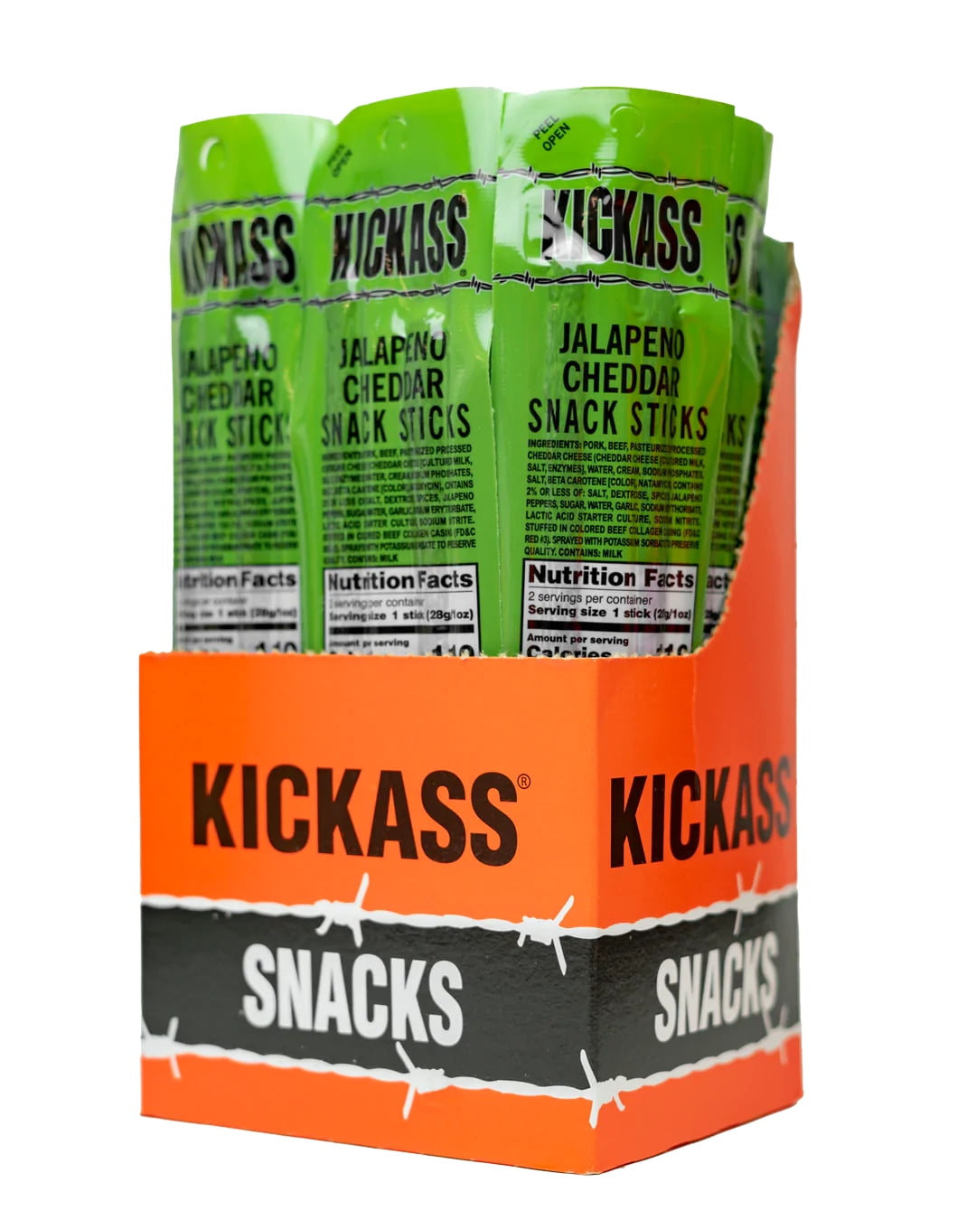 Kickass Jalapeño Cheddar Twin Pack Snack Sticks 16ct Case - 32 Jerky Sticks - 2oz Packs of Pork and Beef Jerky Meat Sticks - Beef Sticks Meat Snacks - Amazing Beef Stick