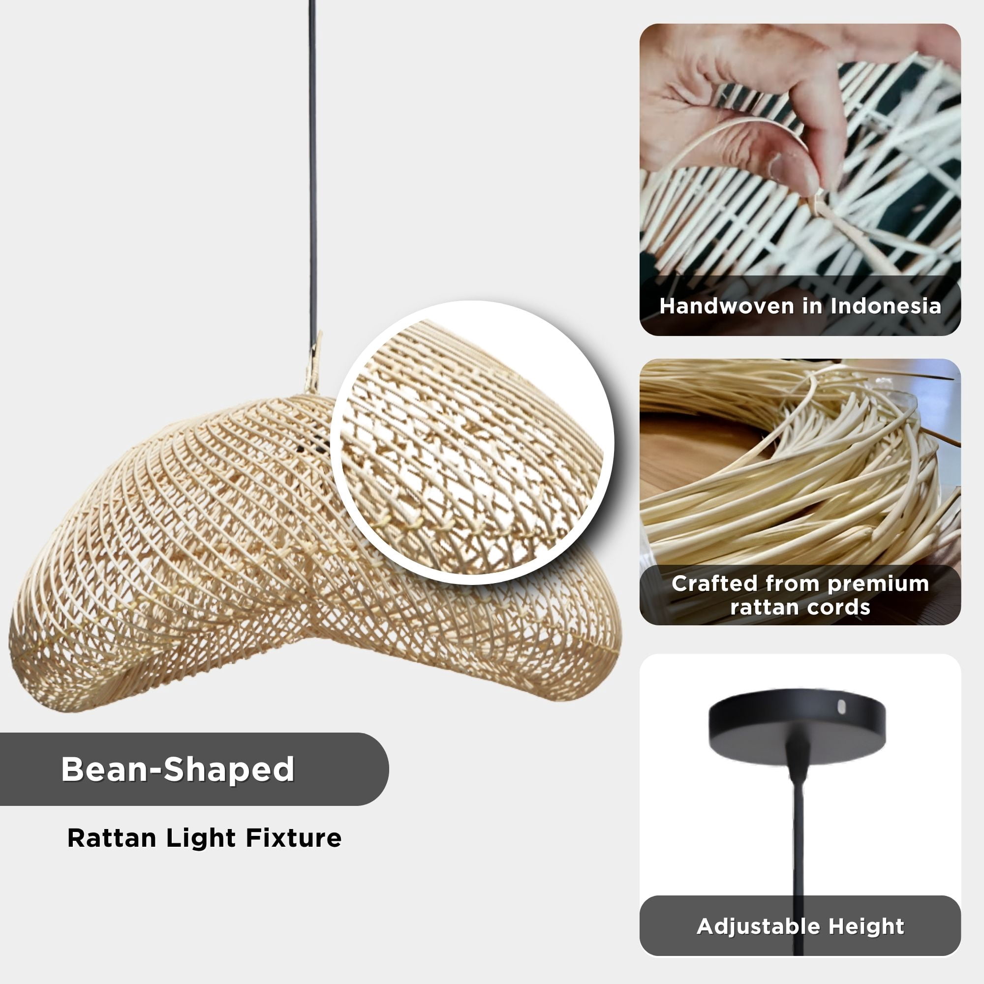 FOREVER BAMBOO Indonesia Handmade Natural Rattan Pendant Light Shade Wicker Light Fixtures Luxurious Bean Shape Woven Lampshade Chandelier Interior Decor, 12 in H x 24 in W