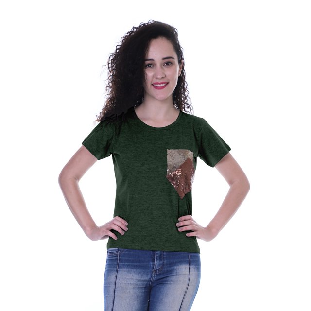 Moomaya T-shirt à Col Rond pour Femmes à Manches Courtes avec Poche Appliquée à Paillettes - LG