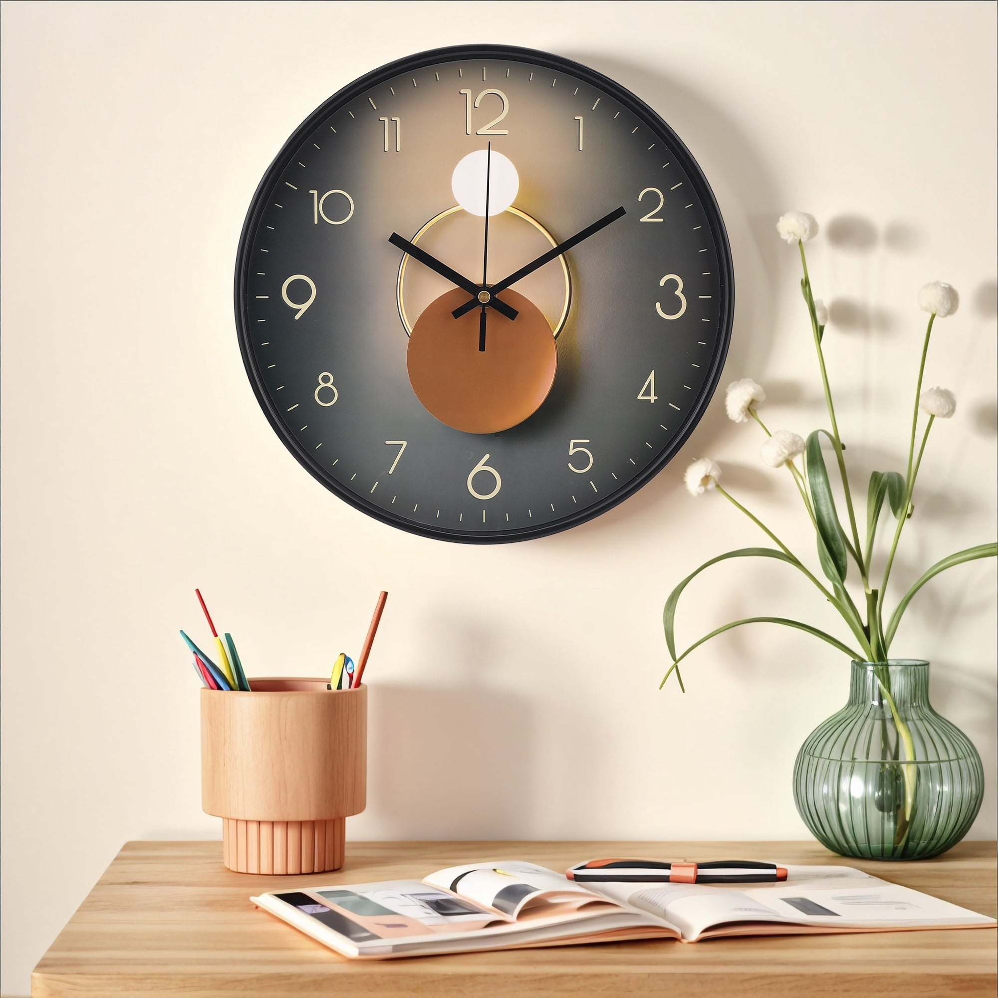 Unique Bargains Silent Non Ticking Battery Operated  Wall Clock Black Pattern 1
