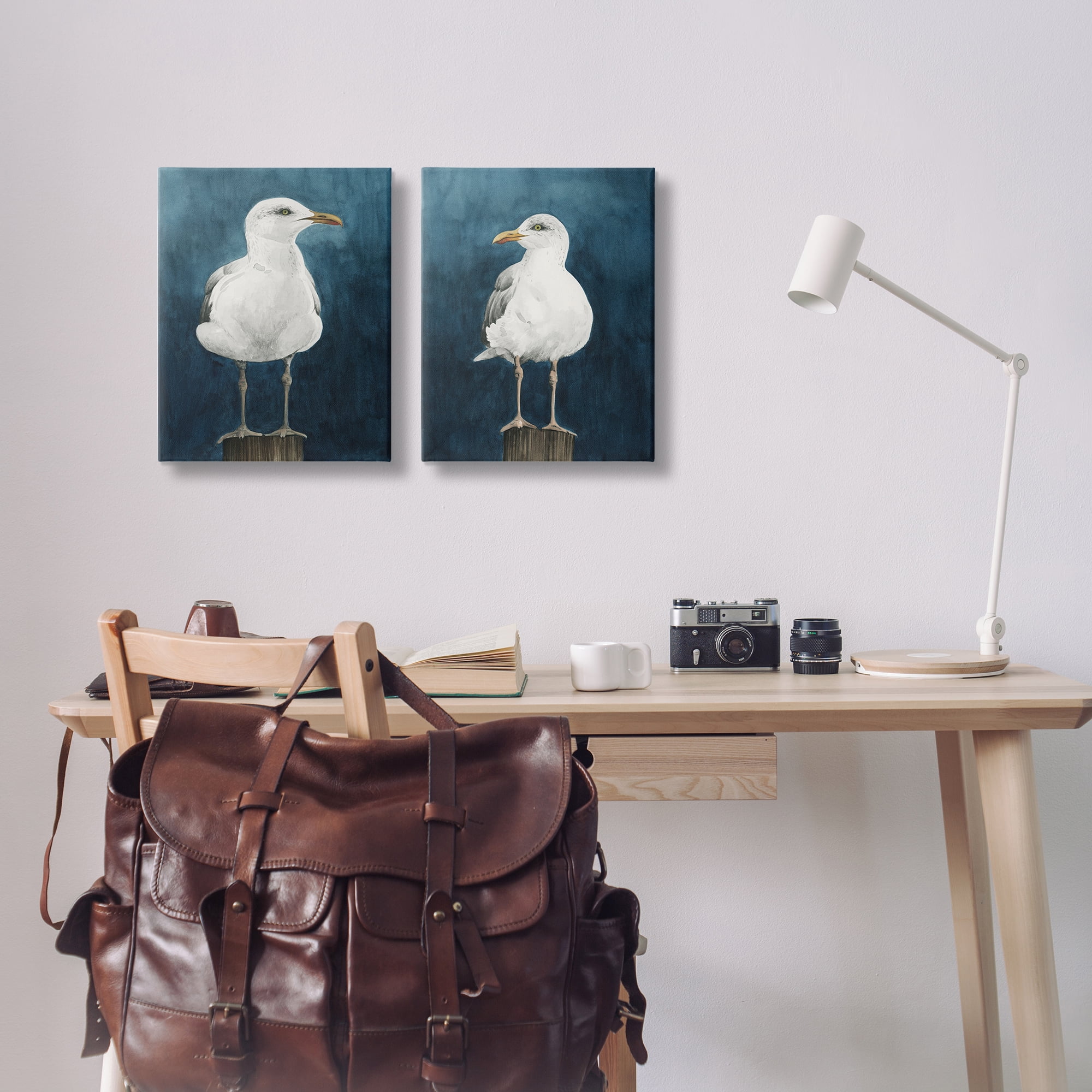 Stupell Industries Seagull Standing on Log Animals Painting Wrapped Canvas Art Print Wall Art, 16 x 20, Set of 2