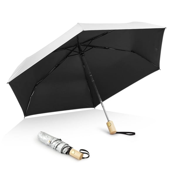 G4Free UPF 50 UV Protection Travel Umbrella with Wooden Handle, 42 Inch Lightweight Sun Rain Folding Umbrellas Auto Open Close
