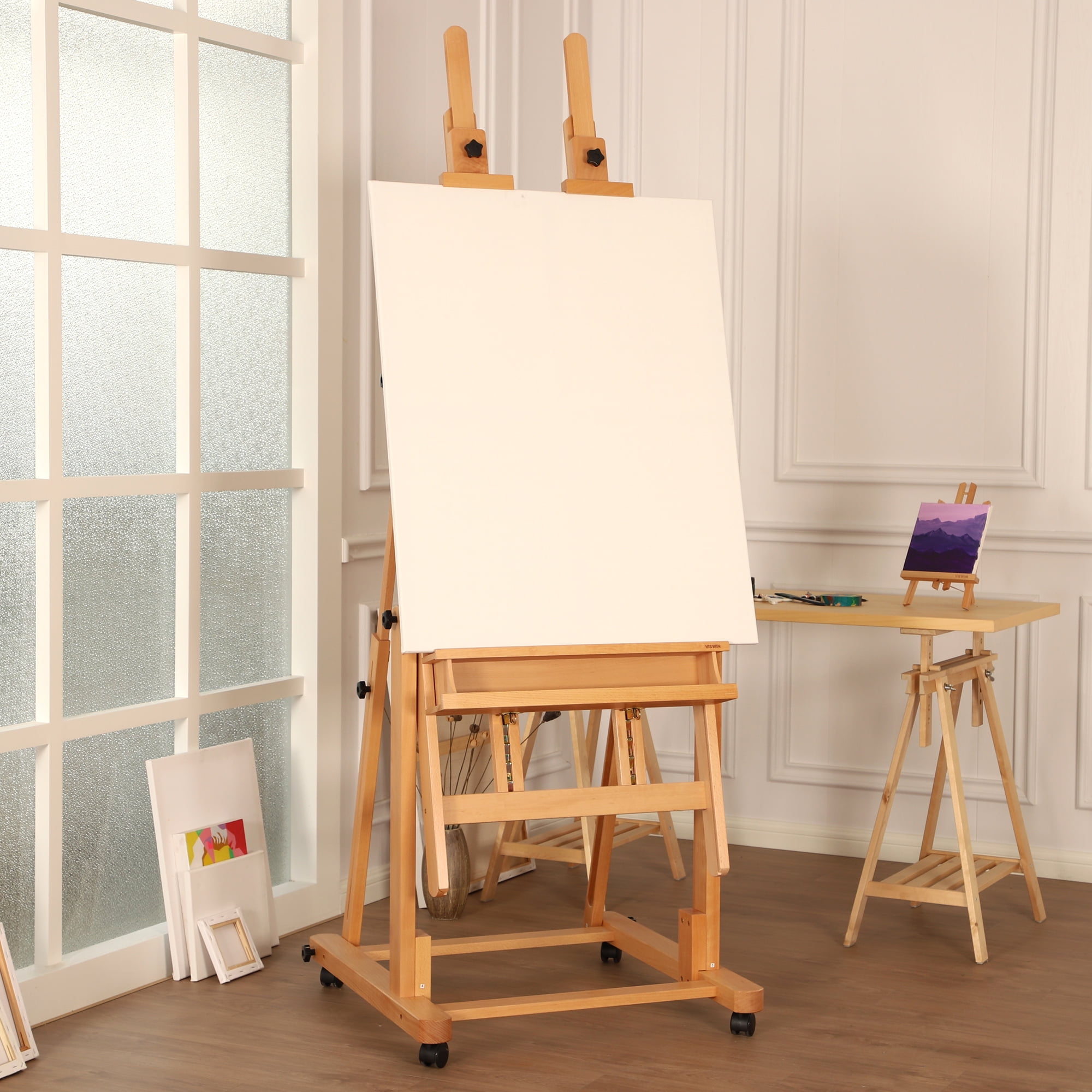VISWIN Double Mast Extra Large Wood H-Frame Easel,Hold Canvas up to 83"-Natural