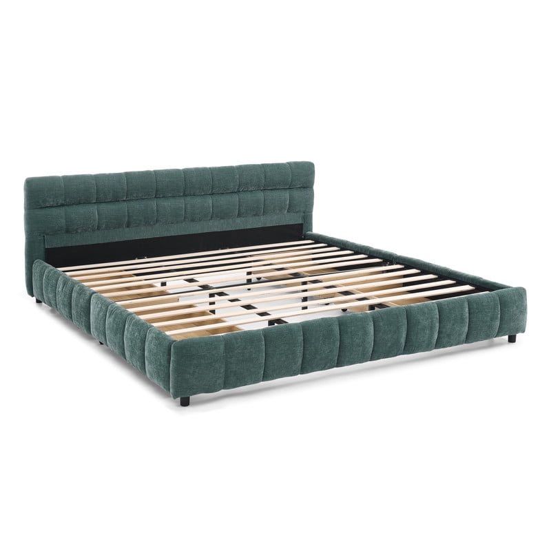 King Size Upholstered Platform Bed with 4 Storage Drawers, Low-Profile Chenille Grounded Bed with Headboard and Solid Frame, No Box Spring Needed