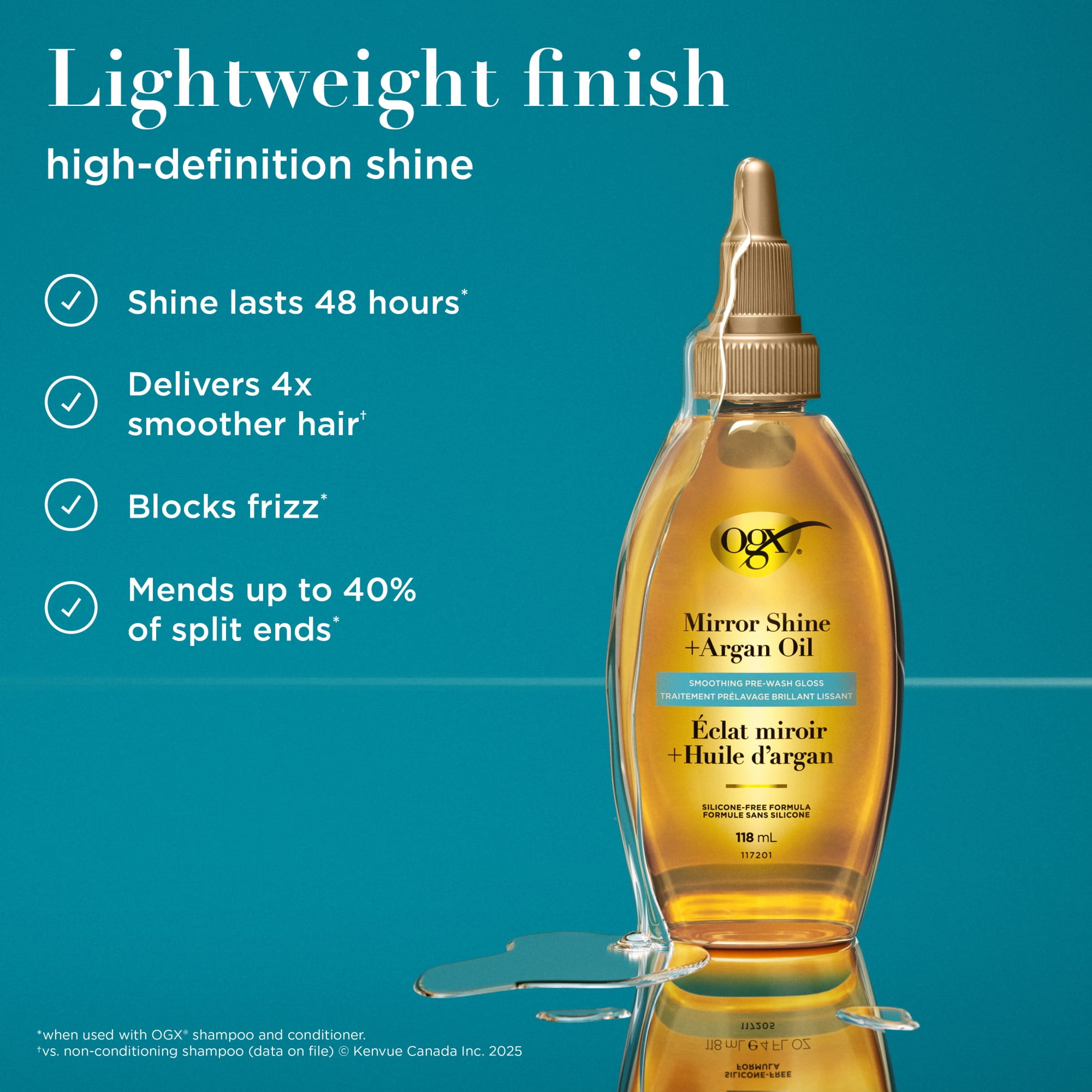 OGX Mirror Shine + Argan Oil Pre-Wash Hair Gloss, Smoothing Rinse Out Treatment for 48 Hours of Glossy Shine* & Nourishing Repair, Lightweight Hair Oil Mends Split Ends***, 118 mL