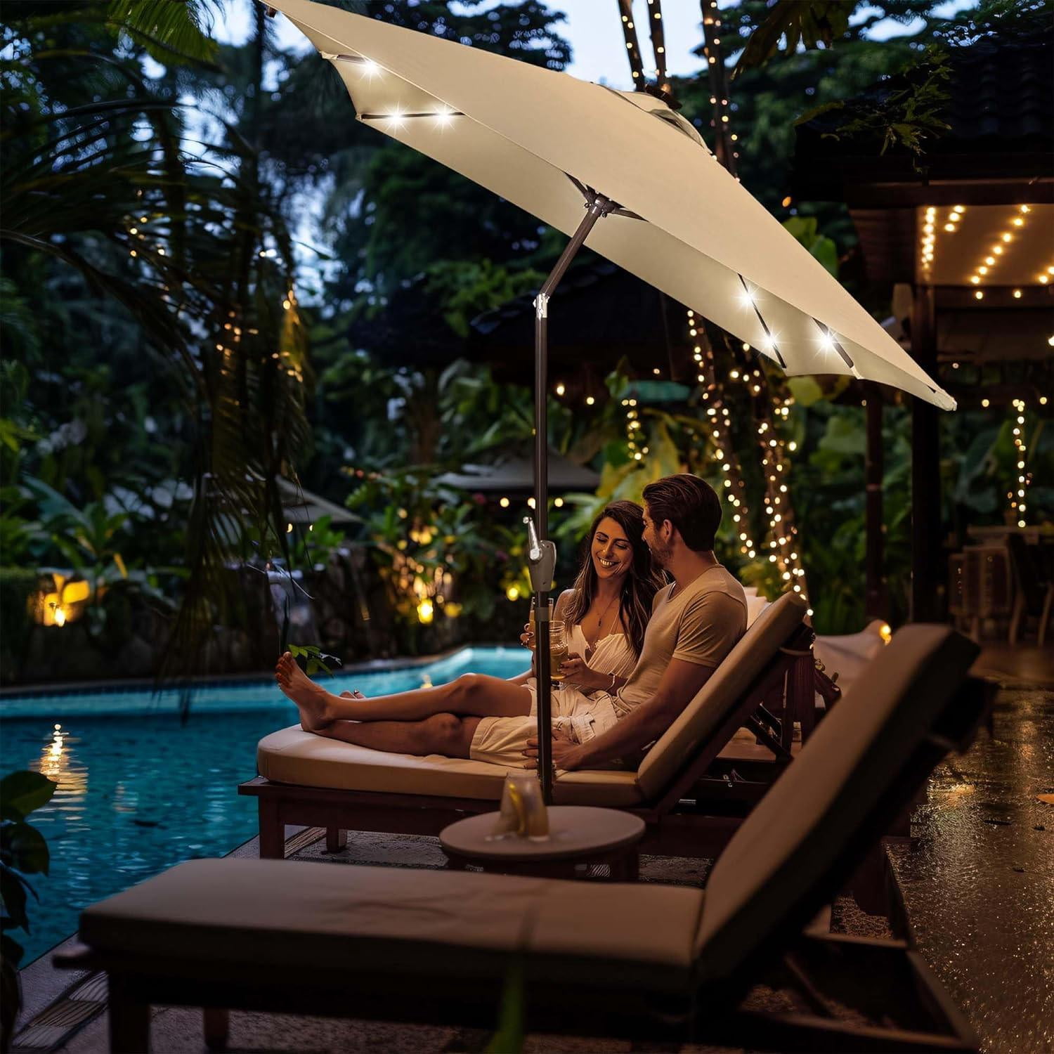 10x6.5 ft Outdoor Rectangle Solar Powered LED Patio Umbrella with Crank Tilt for Garden Backyard Table Market Pool, Beige