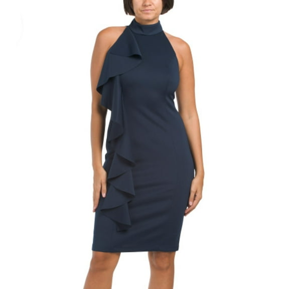 Rachel Zoe Women's Halter Neck Ruffle Midi Dress-Navy / 8