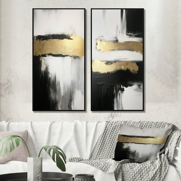 Designart "Horizontal Perspectives Abstract in Gold and Black VII" Abstract Painting Framed Wall Art Set Of 2 - Modern Gold Framed Canvas Set For Living Room Decor