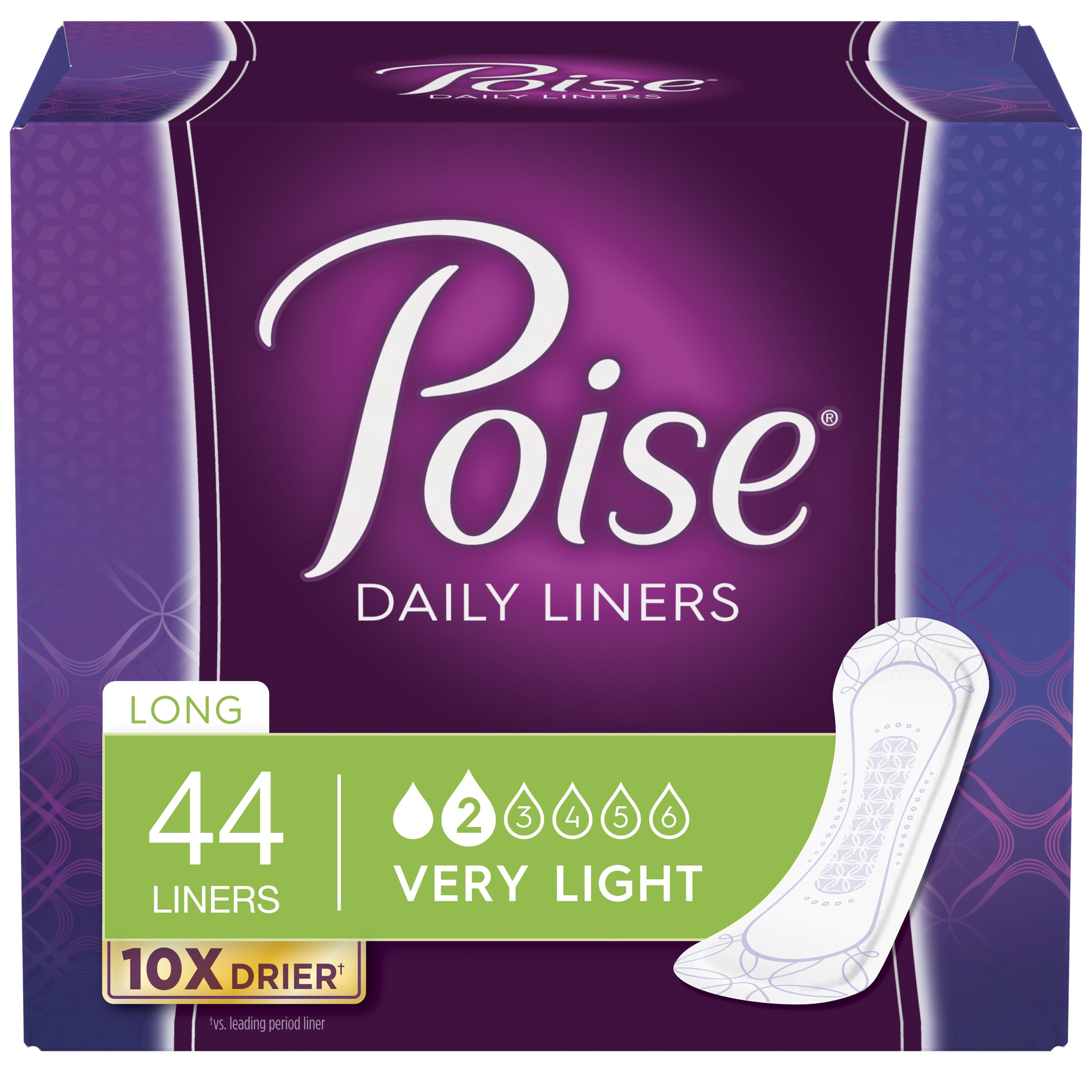 Poise Daily Incontinence Panty Liners, Very Light Absorbency Pantiliners, Long, 44ct
