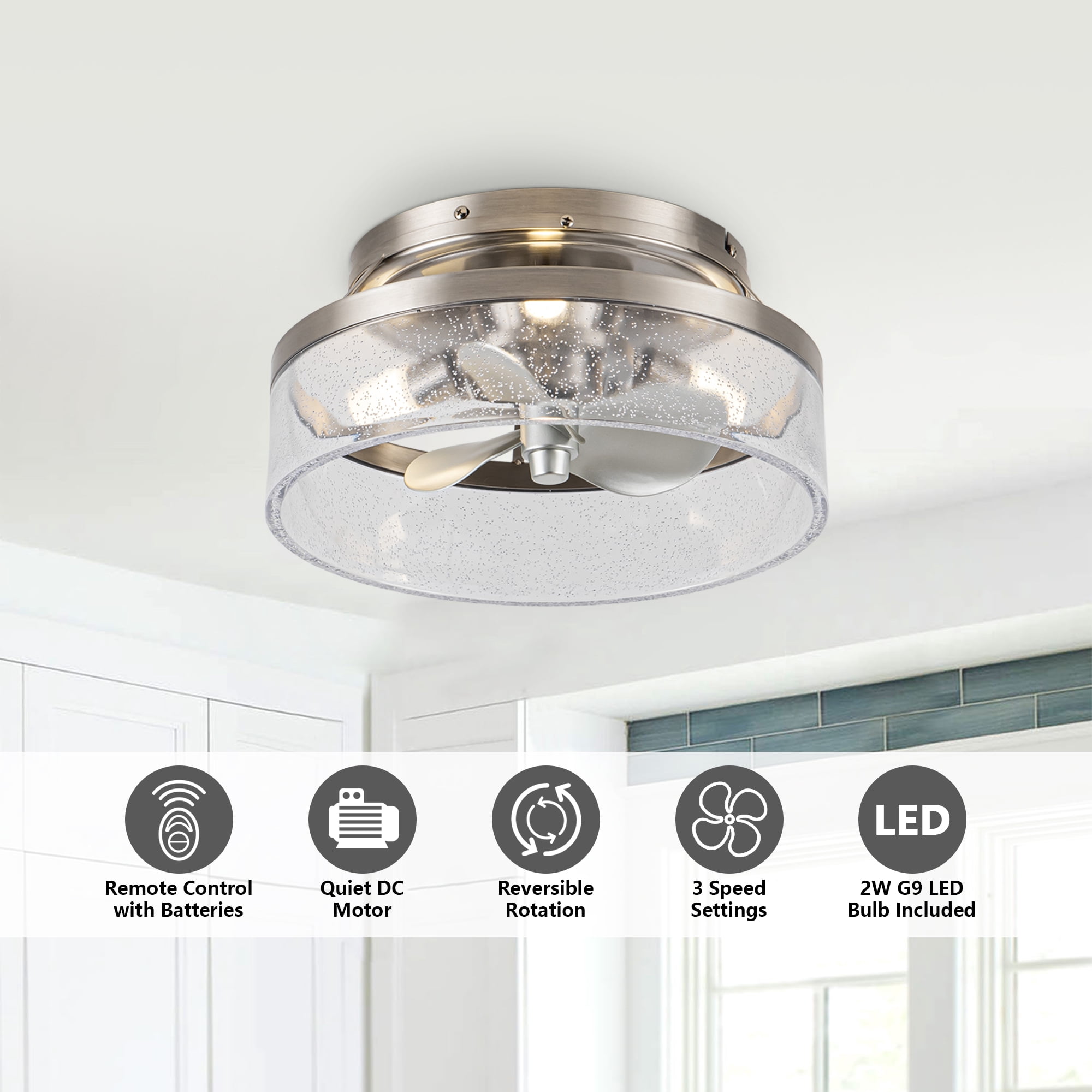 13" Modern Nickel Caged Flush Mount Ceiling Fan with Light and Remote