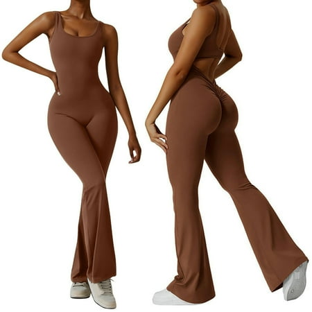 TQWQT Womens Flare Jumpsuits Tummy Control Backless Unitard Full One Piece Workout Yoga V Neck Sleeveless Bodysuit Playsuit Coffee XL