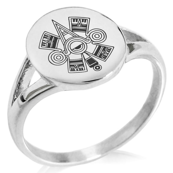 Stainless Steel Aztec Ollin Third Eye Rune Minimalist Oval Top Polished Statement Signet Ring