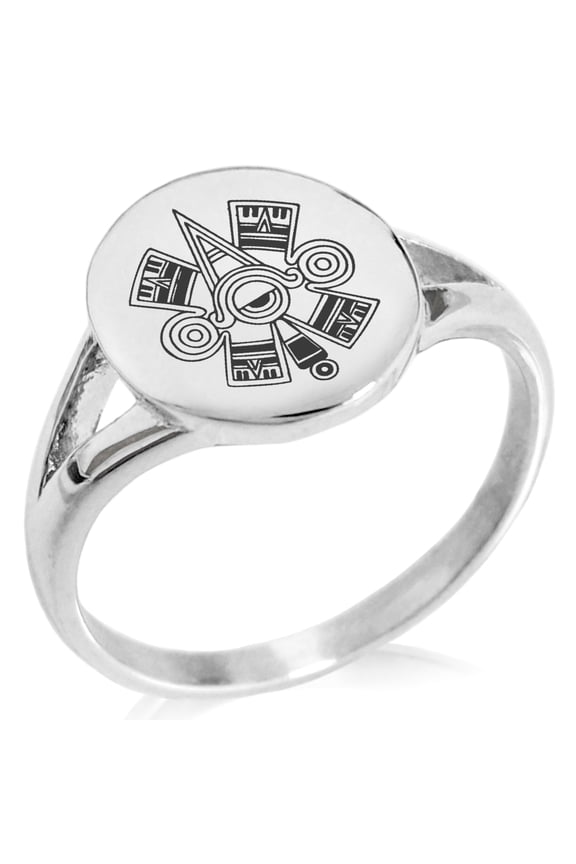 Stainless Steel Aztec Ollin Third Eye Rune Minimalist Oval Top Polished Statement Signet Ring