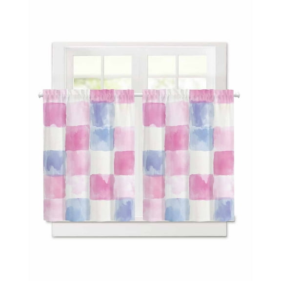 Abstract Plaid Spring Short Blackout Curtains 36 Inch Long Pink Blue Purple Colorful Tartan Rod Pocket Kitchen Curtains, 2 Panels Thermal Insulated Room Darkening Drapes for Bedroom, 30"W x 36"L