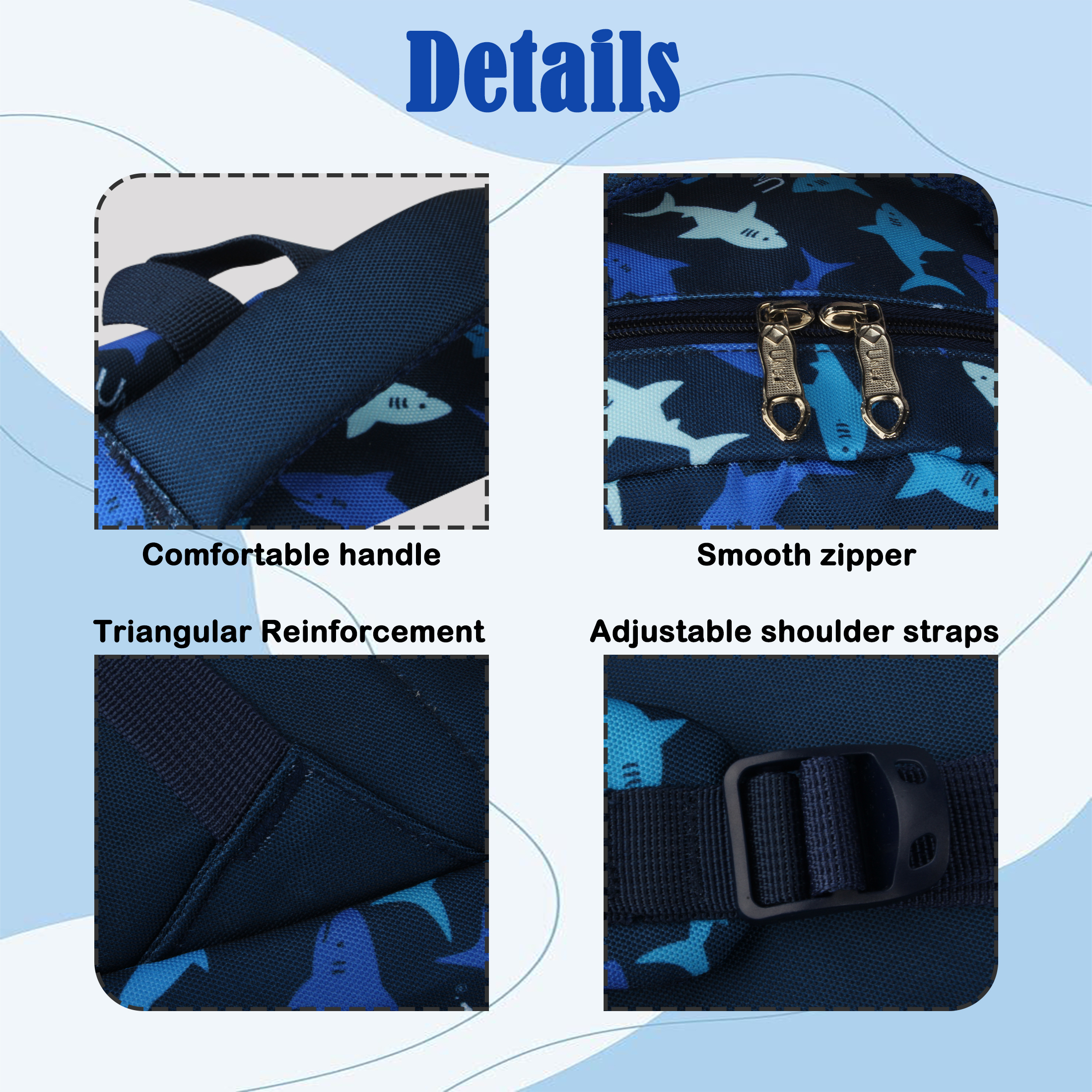 Set de mochila escolar para niños, estampado de tiburón, impermeable, 3 piezas con lonchera y estuche para lápices para estudiantes de primaria 4