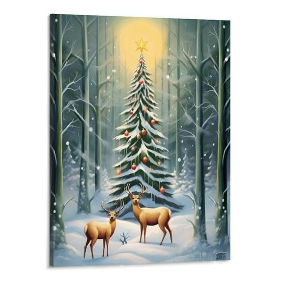 Creowell Winter Tree Snow Scene Wall Art Christmas Tree Canvas Picture Two Elk Deer Hunting Poster Prints Christmas Artwork for Home Decor Framed (Christmas 16x20 Inch)