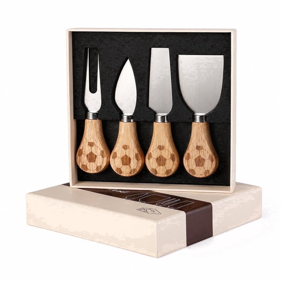 LSY Soccer Engraved Wooden Handle Cheese Knife Set, 4 Piece Stainless Steel Charcuterie Board Utensils