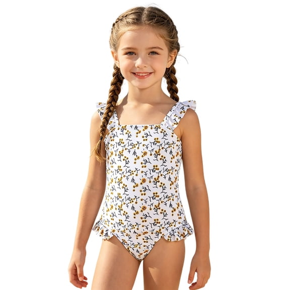 FYDUU Girls One Piece Swimsuits Little Girl Swimsuit Floral Print Cute Cartoon Swimwear Summer Beach Bathing Suit For Toddler Kids Clothes 5-6 Years