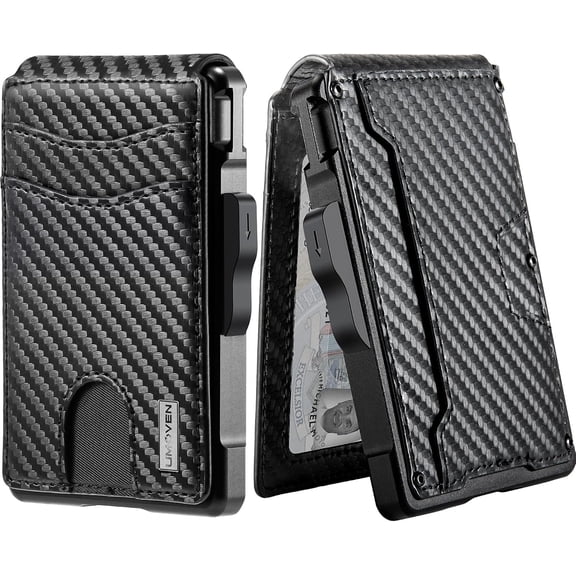 Slim Carbon Black Leather Bifold Wallet with Money Clip RFID Blocking Minimalist Credit Card Holder for Men
