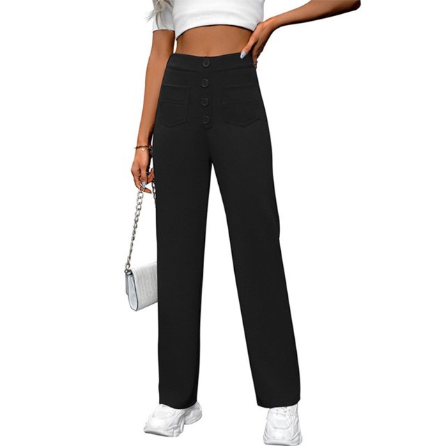LYMAYTER High Waist Straight-Leg Pants for Women Pocketed Button Spring Summer Casual Trousers