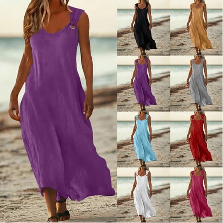 Oksale O Ring Summer Dresses for Women Flowy Cozy Cotton Linen Dress Casual Square Neck Sundresses Maxi Boho Dress for Beach Purple 2XL