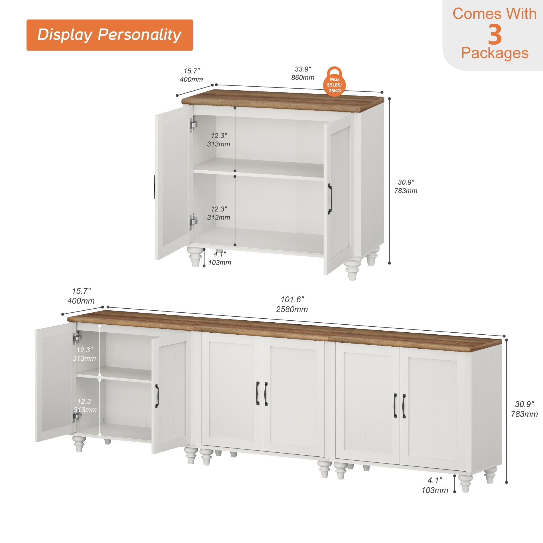Modern Farmhouse Credenza, 101" White Storage Sideboard with Wood Doors
