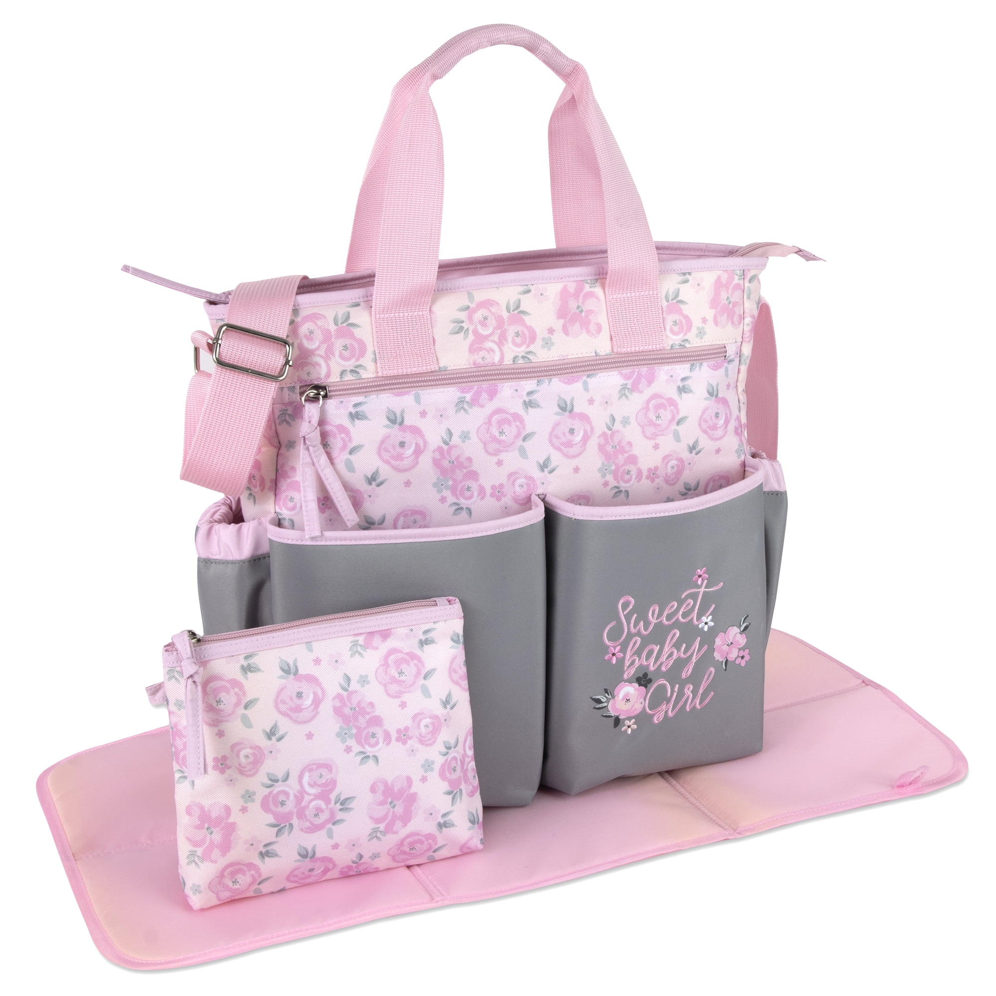 Baby Essentials Floral Crossbody Diaper Bag with Changing Pad & Pacifier Pouch, Pink & Gray, 3-Piece