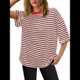 thumbnail image 3 of Camisetas de Rayas de Gran Tamaño para Mujer, Blusas Holgadas de Cuello Redondo y Corta, Blusa Informal de Verano Y2K 2025 Color Café S, 3 of 9