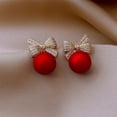 thumbnail image 3 of Mightlink 1 Pair Bowknot Round Bead Pendant Stud Earrings Women Elegant Inlaid Drop Earrings Jewelry Gift, 3 of 6