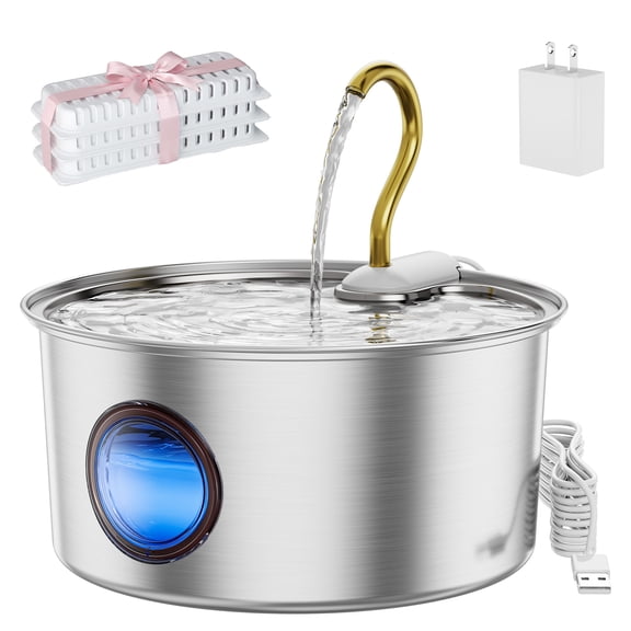 FURCLAN Cat Water Fountain Stainless Steel, 108oz/3.2L, LED Window, Ultra-Quiet, Copper Swan Neck