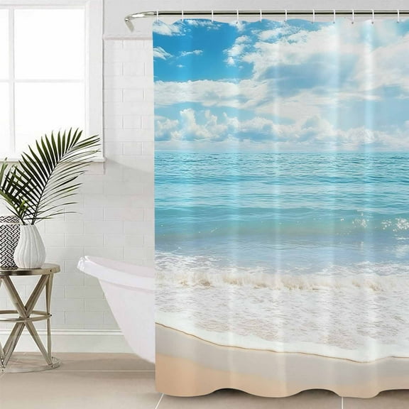 Summer Beach Bathroom Curtain 72 Inch Shower Curtain with Hooks, Ocean Waves Coastal Blue Waterproof Polyester Bath Curtain Washable Bathtub Curtain 72''x 72''
